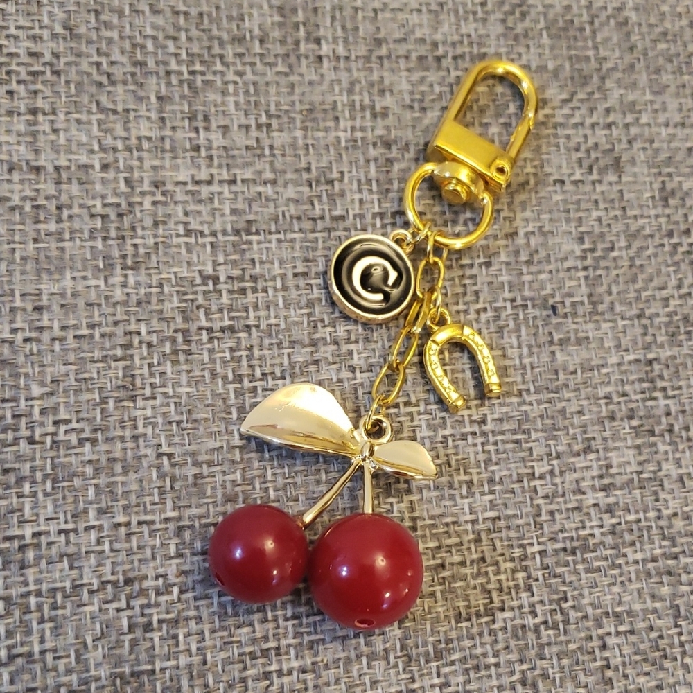Letter C Gold and Red Cherry Bag Charm Keychain